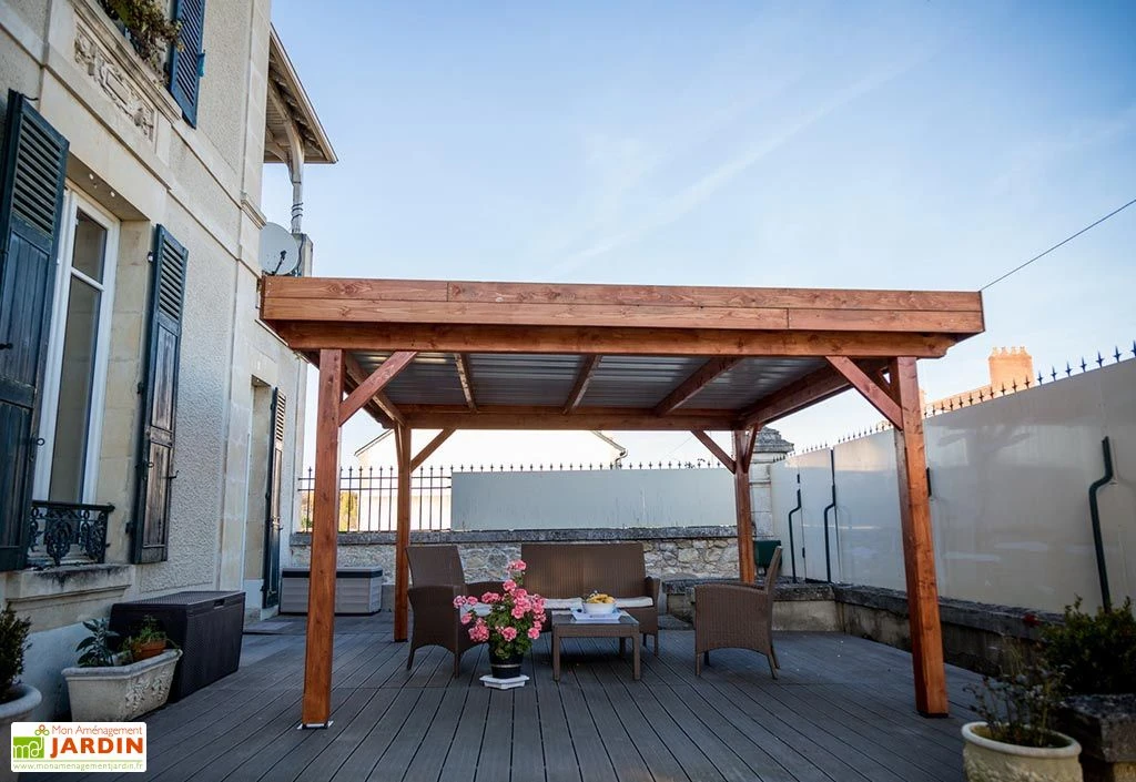 Tonnelle En Bois Avec Treillage Toit Plat Bac Acier – Ombra 4 X 4 M 2 Tonnelle En Bois Avec Treillage Toit Plat Bac Acier – Ombra 4 X 4 M – Image 2